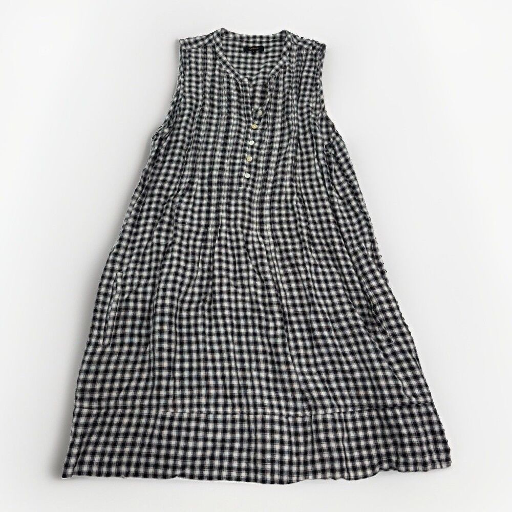 Quince Dress Womens Size Large Linen Sleeveless Swing Dress Black Gingham - Picture 2 of 7